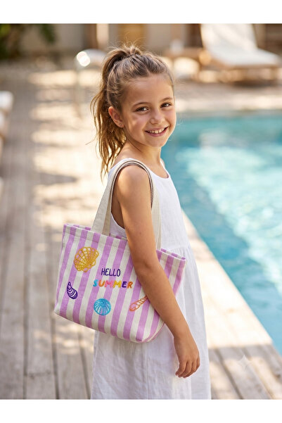 ICONE BAG Children's Beach Bag, Embroidered Striped Girls' Beach Bag, Kids Be...