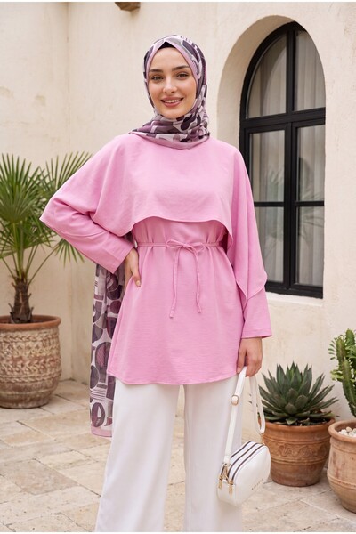 Modamorfo Cape Detailed Belted Voile Tunic -Pink