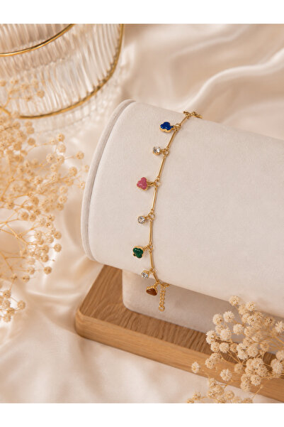 MODA MANANI Colorful Glittery Heart Figured Zircon Stone Detailed Gold Color Women's Bracelet