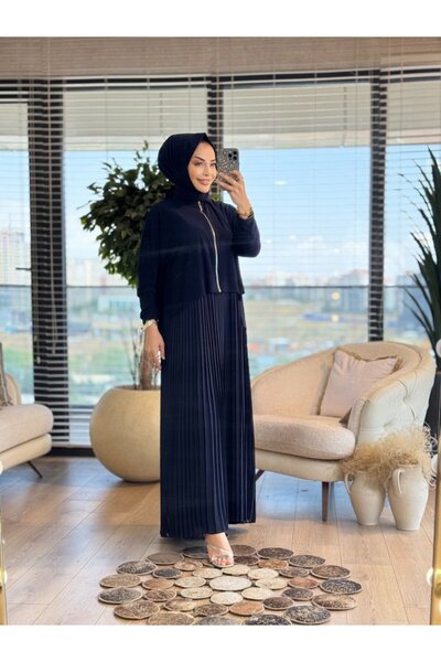 HEDDY 25132 فستان من الشيفون المطوي طقم من قطعتين باللون الأزرق الداكن