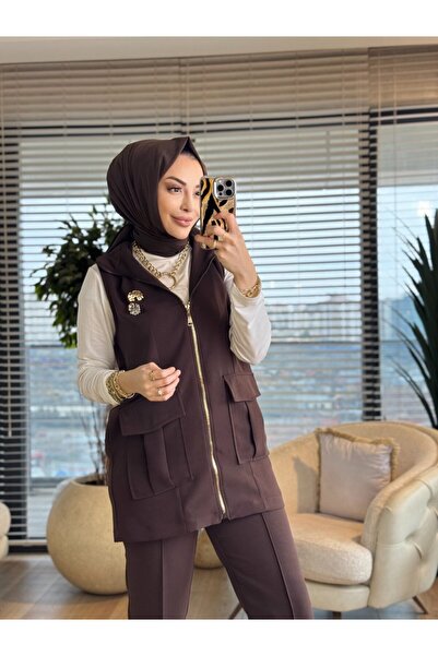 ALANURMODA 14463 Front Pocket with Zipper. Vest Suit Brown