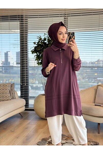 Taşpınar 9910 تونيك بتفاصيل حبلية على الجزء الأمامي بلون البرقوق