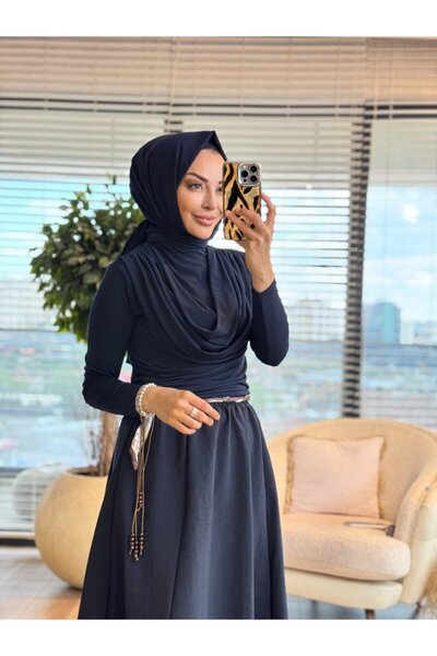 ALANURMODA 3375 Belt Detailed Skirt Navy Blue