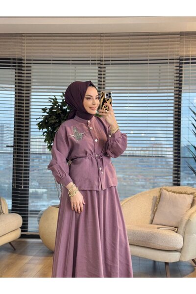 ALANURMODA 4443 طقم تطريز طائر الصدر الأيسر باللون الوردي