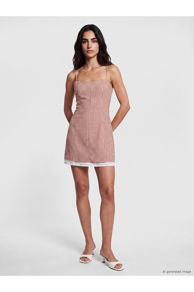 LC Waikiki Lcw Vision Orange U-Neck Plaid Rope Strap Mini Dress