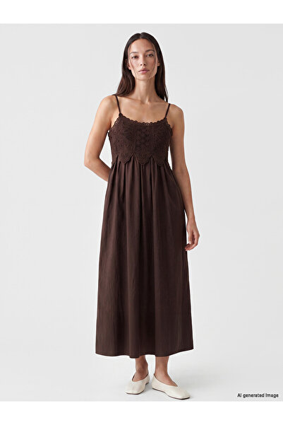 LC Waikiki Lcwaikiki Classic Brown Lace Detailed Rope Strap Flared Dress