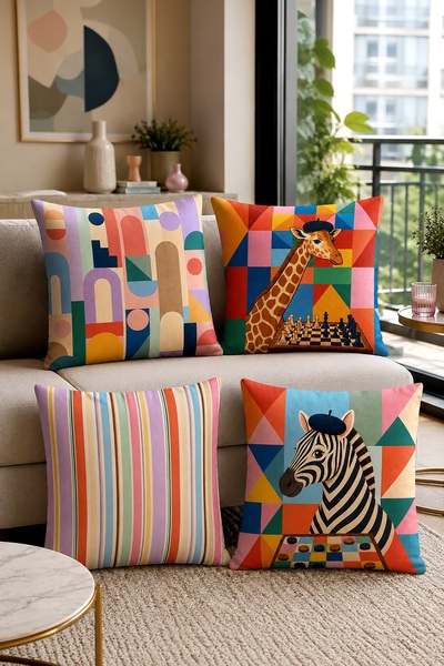 EVPANYA Σετ 4 καλύμματα μαξιλαριών με σχέδια καμηλοπάρδαλης σκακιστή και ζέβρας