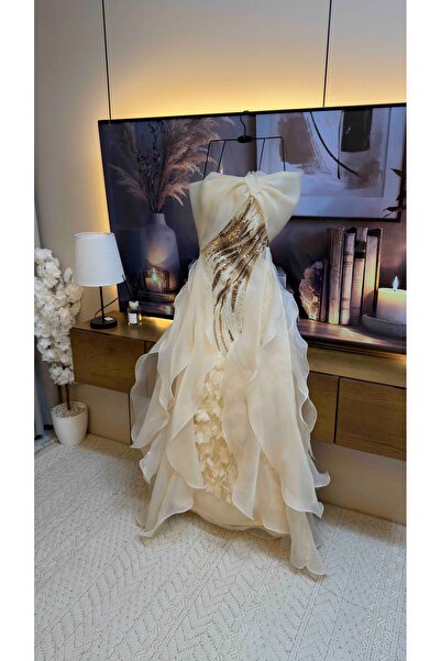 To Be Beige Embroidered Dress with a Skirt Scarf in Organza.