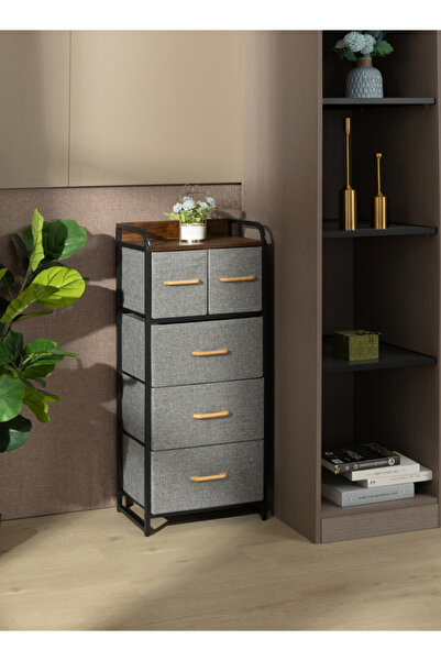Lawazim 43x29x103cm Storage Cabinet with 5 Fabric Drawers, MDF Top, Iron Fram...
