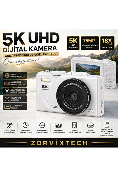 5K UHD Dijital Kamera 75MP 18X Zoom Selfie ve Vlog Kamerası (BEYAZ)