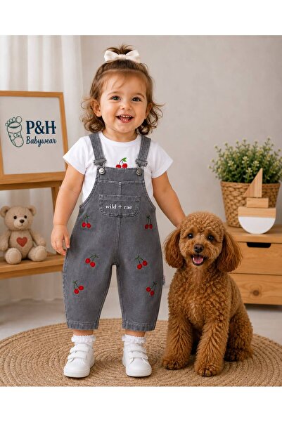 P&H BABYWEAR سالوبيت صيفي من قطعتين مزين بتطريز الكرز مع تفاصيل جيوب