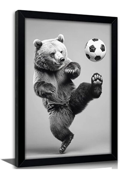 HOME MODE 20x30 cm Black Floating Frame Wall Art | Soccer Bear Kicking Footba...
