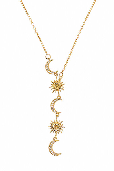 Duiwerlis Women's Sun Moon Detailed Y Necklace with Zircon Stone and Steel Ch...