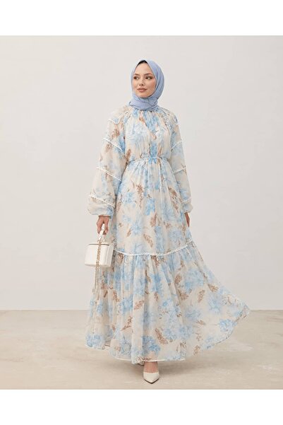 ankanoor Guipure Detailed Floral Patterned Yoryo Chiffon Dress Anka261030