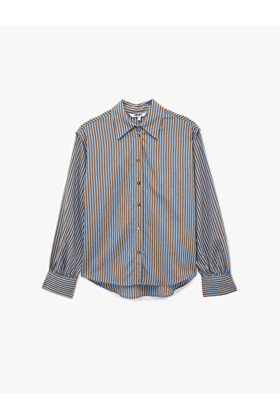 Koton Viscose Classic Collar Striped Shirt with Buttoned Sleeves and Tie Detail
