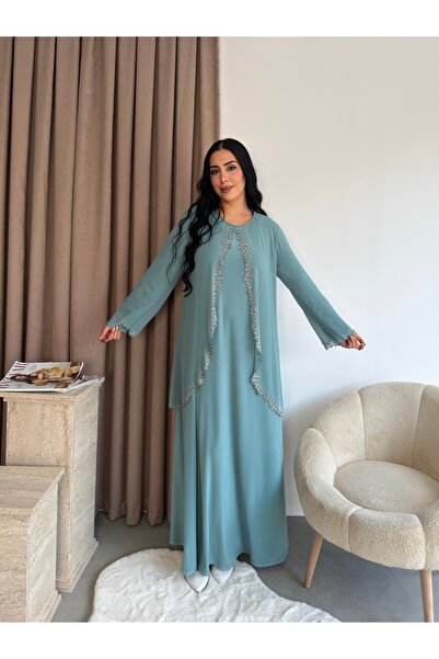 Missrosemoon Yeni Sezon Büyük Beden Tesettür 2’li Elbise Takım –Taş Detaylı K...