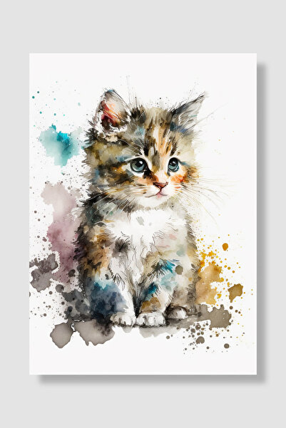 Luna Marissa Плакат с котка, сладко котенце, акварел, цветни пръски, артистич...