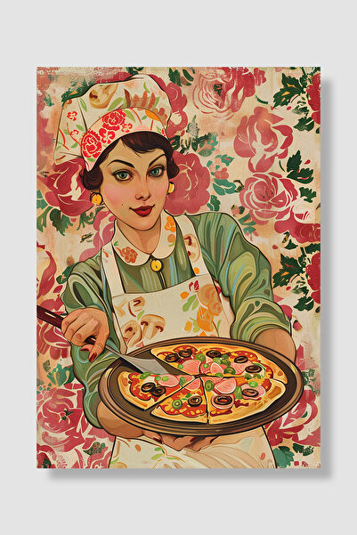 Luna Marissa Poster Pizza Vintage Femeie Chelneriță Pizza pe Farfurie Fundal ...