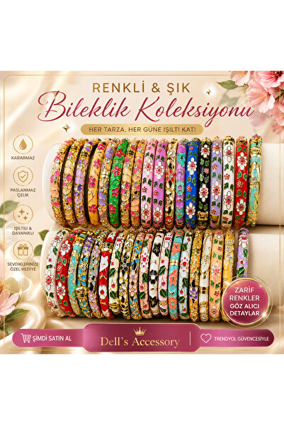 DELLS ACCESSORY Stainless Steel Colorful Enamel Flower Patterned Gold Cuff Br...