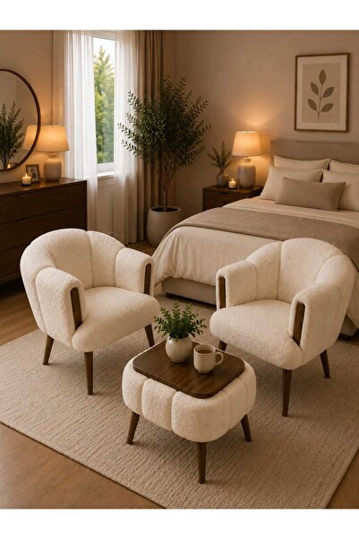 DEKOZUM VERA Comfort Çay Seti Ve Peluş Ikili Berjer & Puf Takımı - 3'lü Set KREM
