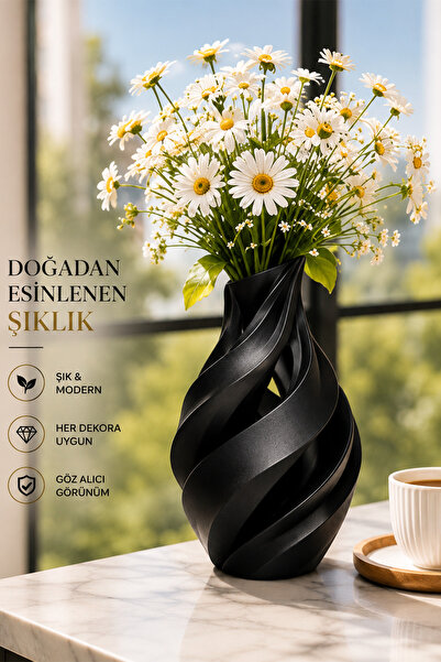 İBERİALHOME Modern Spiral Dekoratif Vazo | Siyah Tasarım Çiçek Vazosu | Şık S...