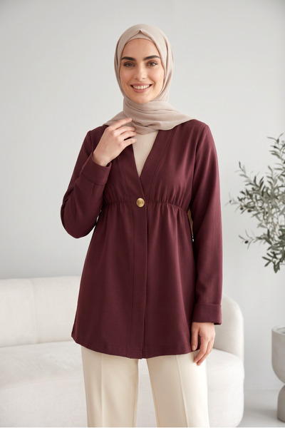 SADEL Beli Lastikli ve Düğmeli Kimono - Mürdüm