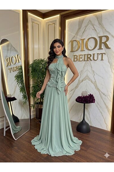 ranin Light Green Chiffon Double Cloche Evening Dress with Laser Hand Embroidery