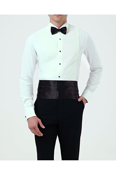 TerziAdemAltun Italian Style Slim Fit Men's Horse Collar Pleated Shirt Cream ...