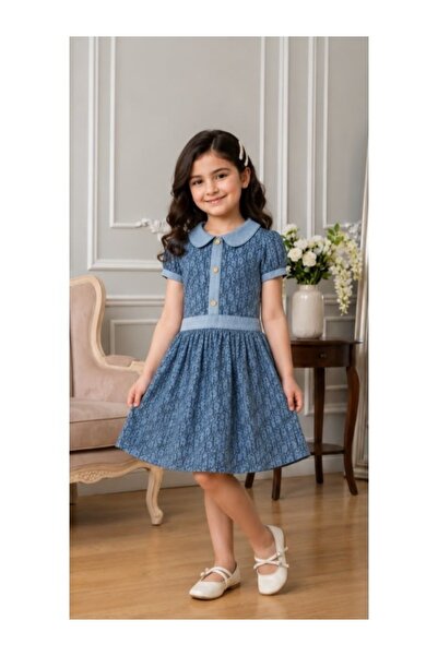 NO BRAND Girls' Dress Elegant Short Sleeve Dress with Classic Collar