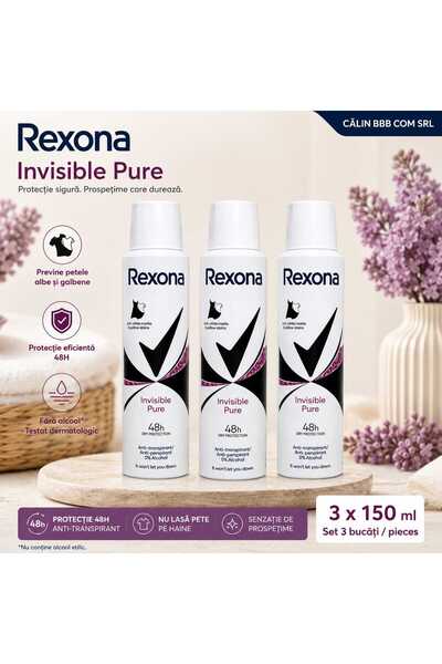 Rexona Set 3 x Invisible Pure Spray Antiperspirant 150 ml – Protecție 48h, To...