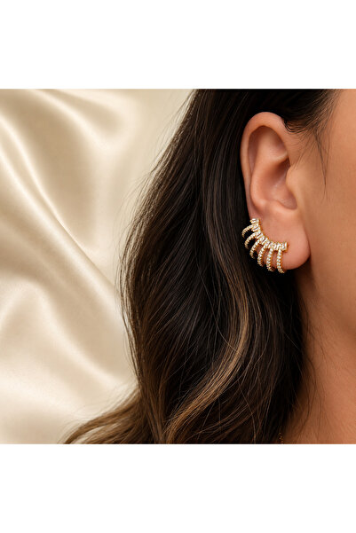 14K Gold Renk Zirkon Taşlı Çoklu Halka Küpe – Modern Ear Cuff Görünümlü Şık Kadın Küpe
