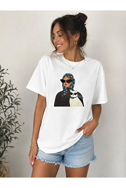 cesita Women's White Cat Printed Cotton White T-Shirt T-Shirt