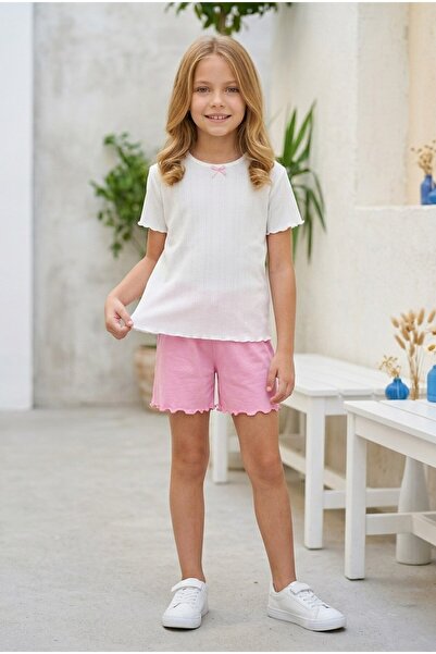 ALKINKİDS 3-8 Years Old Girls Pink-White Shorts Set