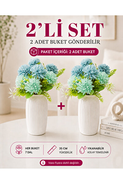 MD Aspiz Flowers 2 Bunches of Artificial Flowers 7-Piece Luxury Blue Chrysant...