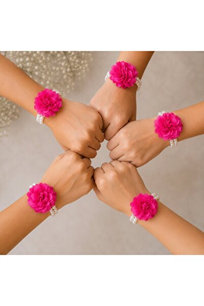 Baykuşca Pack of 5 Pearl and Dark Pink Floral Bridesmaid Bracelets, Gift, Bac...