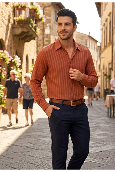 YusGos Men's Long Sleeve Lycra Self-Patterned Modern Fit Men's Shirt