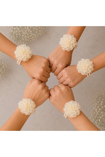 Baykuşca Pack of 5 Pearl and White Floral Bridesmaid Bracelets, Gift, Bachelo...