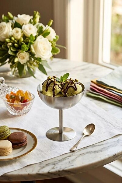 Atbyhome Stainless Steel Footed Ice Cream Bowl 11.5X10 cm - Metal Presentatio...