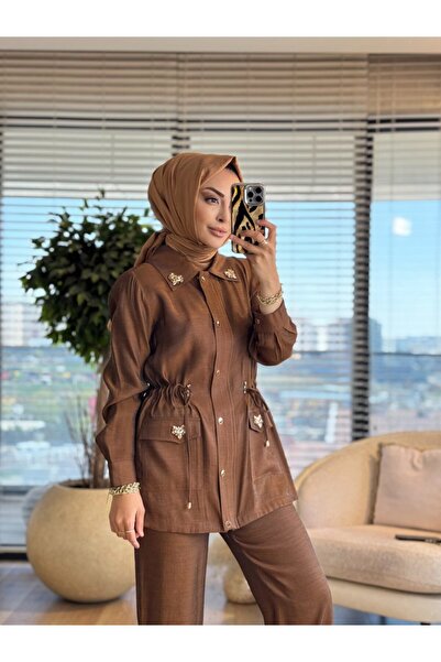 ORHAN STORE 02-2872 Collar and Pocket Cover Stone Embellished Suit Brown