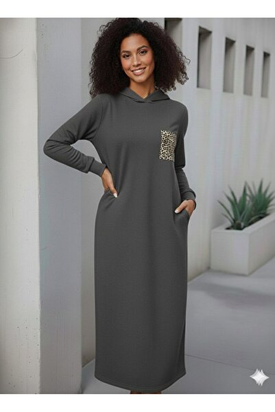 Livizmir Moda فستان ماكسي نسائي بأكمام طويلة وقلنسوة وتفاصيل جيب من الفيسكوز ...