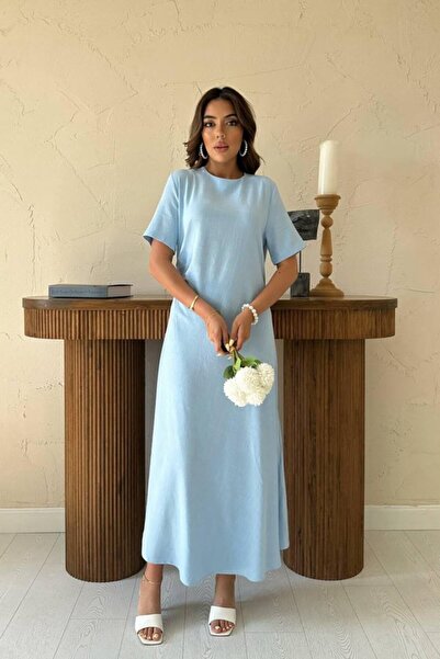 Livizmir Moda فستان أزرق فاتح بطيات برقبة دائرية
