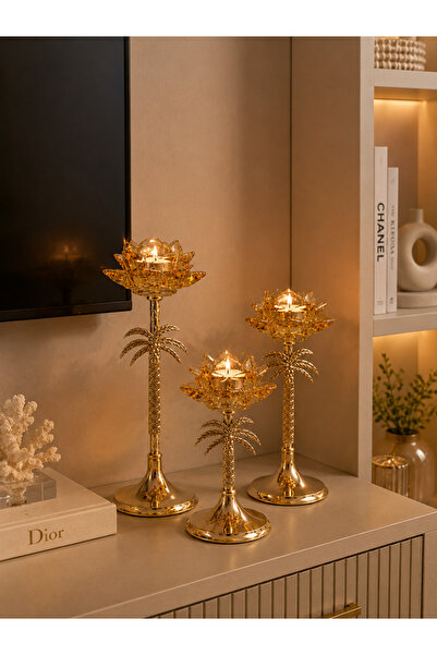 Vien Home Palmiye Desenli Gold Cam Lotus Şamdan – 3 Boy Dekoratif Mumluk