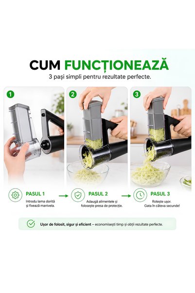 Omaly Razatoare electrica fara fir, feliator legume, fructe, zdrobitor gheata, 4 tamburi inox interschimbabili, felii 1mm si 2mm, Razuire fina, Acumulator reincarcabil, Feliere rapida si sigura, Negru