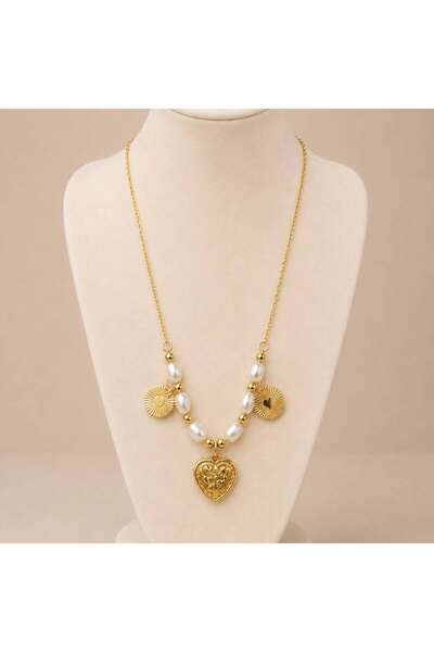 KAYANCLICK Stainless Steel Heart Pendant Necklace with Pearl and Circle Charms