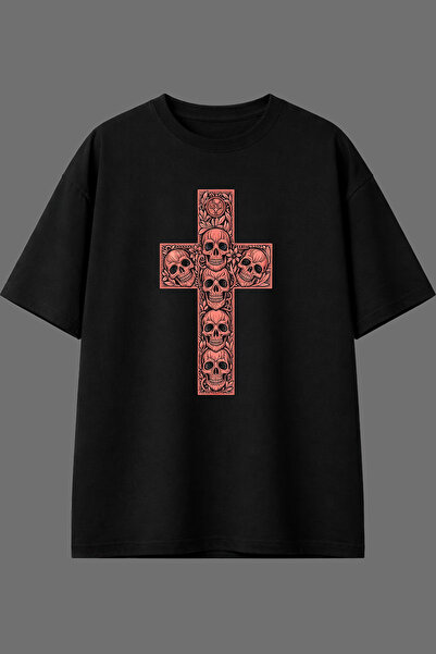 VSRN Tricou oversize negru cu imprimeu frontal cu design cruce