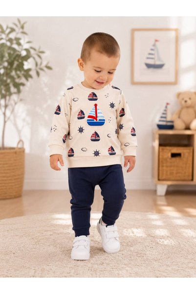 derin baby Sail Patterned 100% Cotton Men's Crew Neck Top and Bottom Baby Kid...