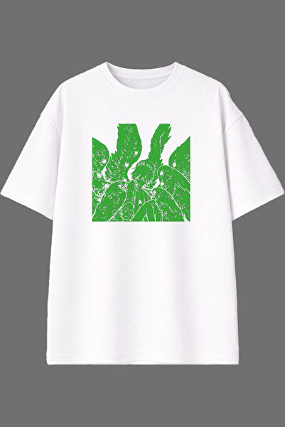 VSRN Tricou supradimensionat alb cu imprimeu frontal Green Birds Design