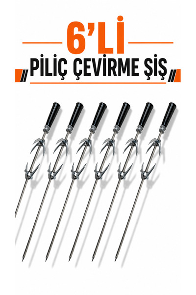 Kampavm Tavuk Çevirme Şişi Paslanmaz Çelik Bakelit Kulp Kıskaçlı 45-50cm 6'lı...