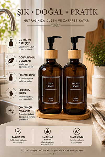 MİEN 2’Li Bambu Stantlı Cam Sıvı Sabunluk 2x500ml
