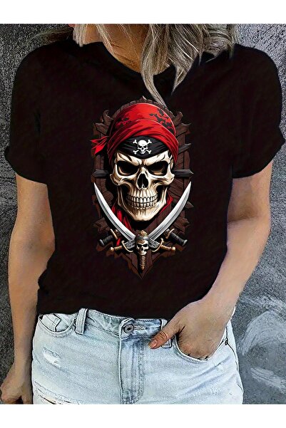 01THEONE Pirate Skull Swords Graphic Print T-shirt, Short Sleeve Crew Neck Ca...